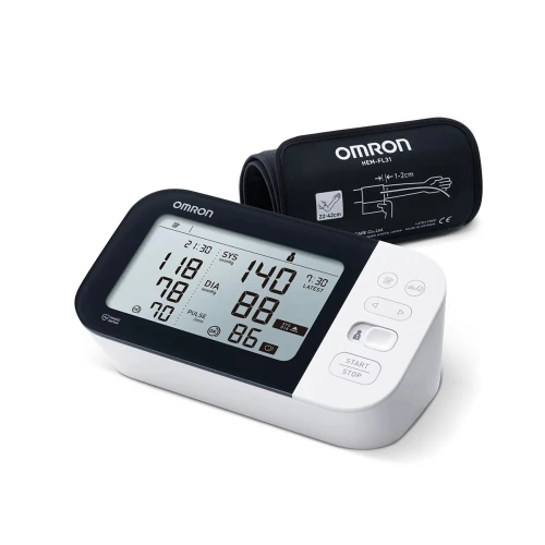 Side view of Omron M7 Intelli IT blood pressure monitor with IntelliWrap cuff