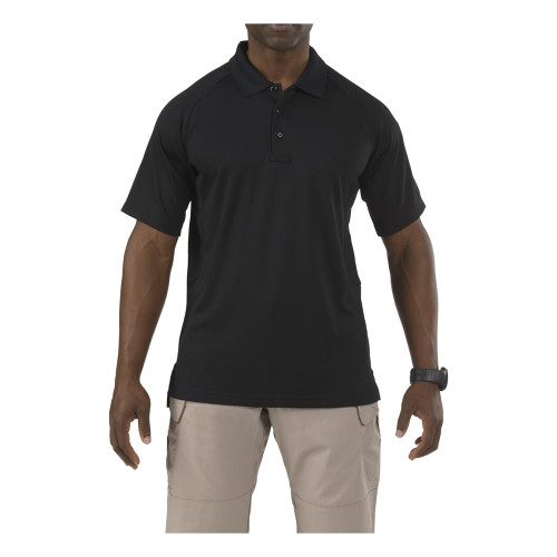 5.11 Tactical Performance Polo Short Sleeve in Black – front view showing stay-flat collar and professional fit