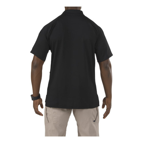 5.11 Tactical Performance Polo Short Sleeve in Black – back view highlighting breathable, wrinkle-resistant fabric