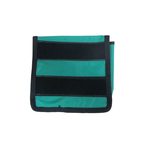 Rear view of green multi-purpose medical accessory pouch with clear vinyl front and Velcro backing