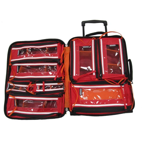 rocksnake pl13 tx44 trolley medical bag in red open showing internal storage modules