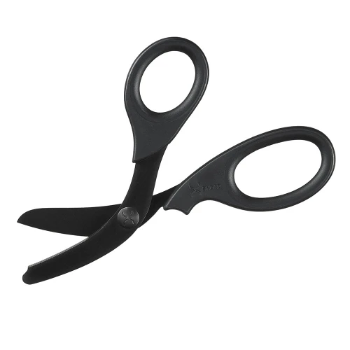 Professional-grade black trauma shears with thick stainless steel blades