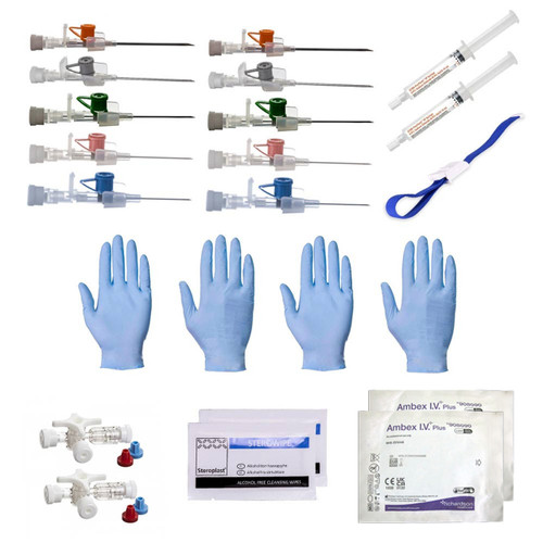 a small blue iv cannulation bag with reflective chevrons on one side
