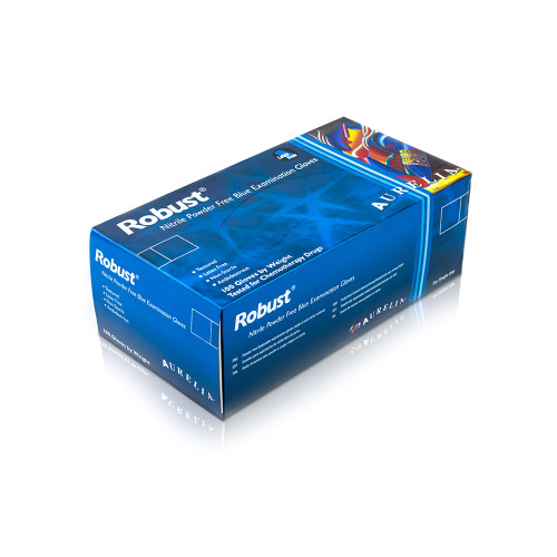 boxes of aurelia robust blue nitrile gloves, in sizes, small, medium, large and extra large