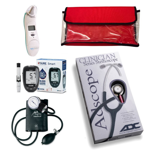 DS Medical Clinician's Diagnostic Pack A with stethoscope, sphygmomanometer, tympanic thermometer, glucose monitor, and pouch for healthcare professionals