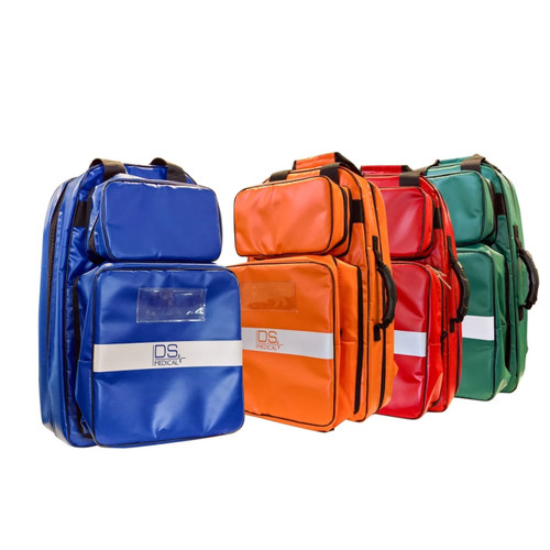 Set of four DS Medical ERB II Medical Bags in blue, orange, red, and green, with reflective safety strips and multiple compartments, designed for emergency response use Set of four DS Medical ERB II Medical Bags in blue, orange, red, and green, with reflective safety strips and multiple compartments, designed for emergency response use