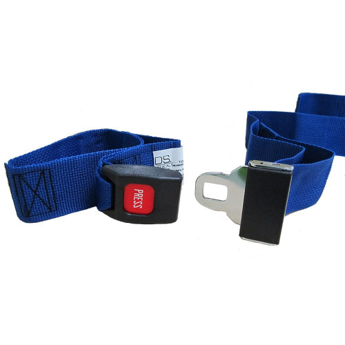 Blue polypropylene patient handling strap with loop end and seat belt buckle