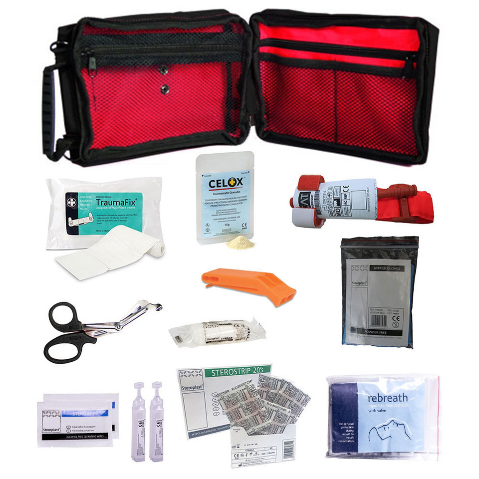 Arborist Forestry Personal First Aid Kit – compact Stockholm pouch with contents – CAT tourniquet, Celox haemostatics, Traumafix dressing, eyewash pods, gloves, and plasters