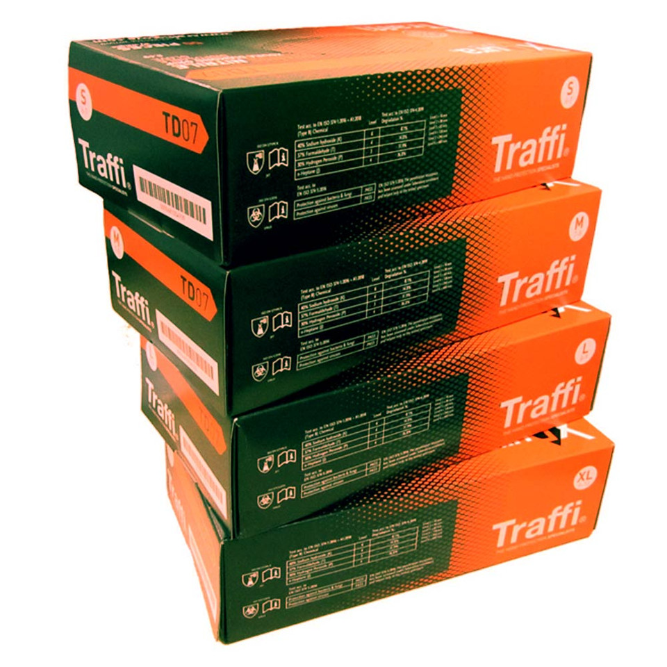 boxes of differently sized orange nitrile gloves with grip