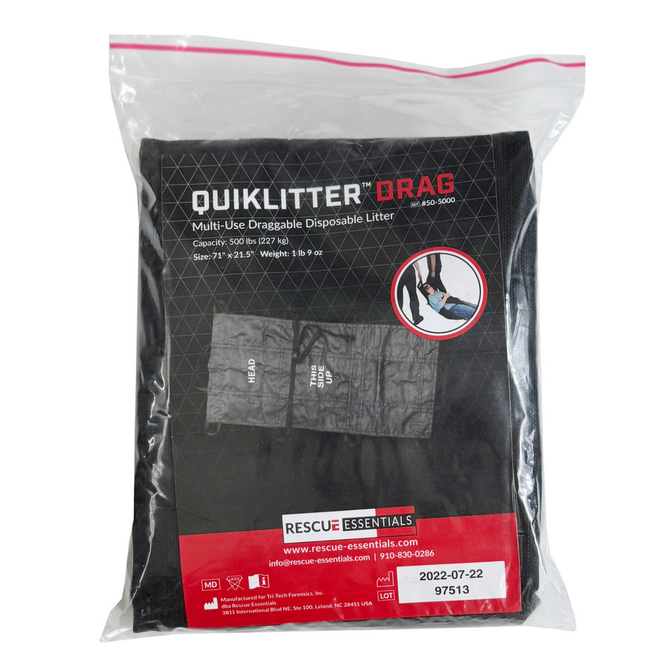 Quiklitter Drag multi-use disposable litter, emergency patient transport, heavy-duty nylon webbing, reinforced drag panel, mass casualty incident stretcher, tactical rescue equipment