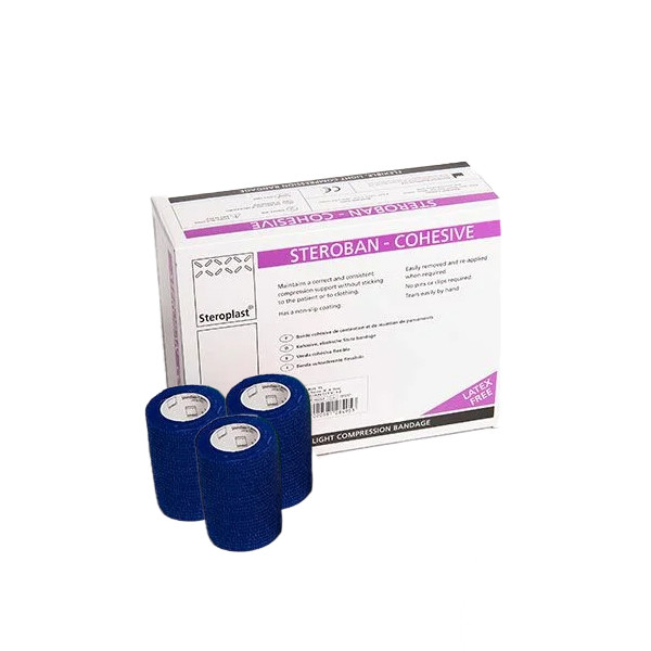 Multiple rolls of Steroban Blue Cohesive Bandage 7.5cm x 4.5m stacked together, ideal for first aid kits and medical use.
