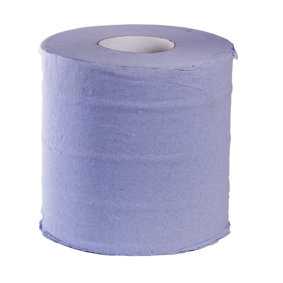 Close-up of blue two-ply centre feed hand towel roll - DS Medical
