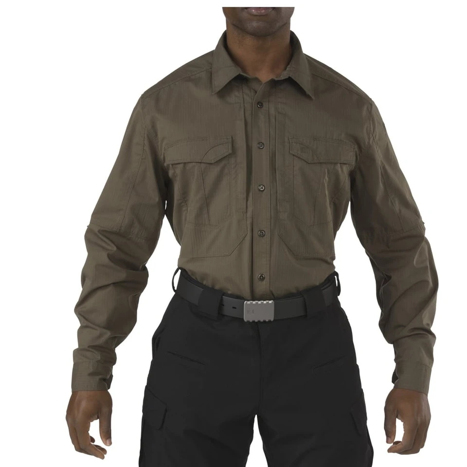 5.11 Tactical Stryke Shirt Long Sleeve in Tundra – front view worn by model, showing Flex-Tac stretch fabric and professional tactical fit