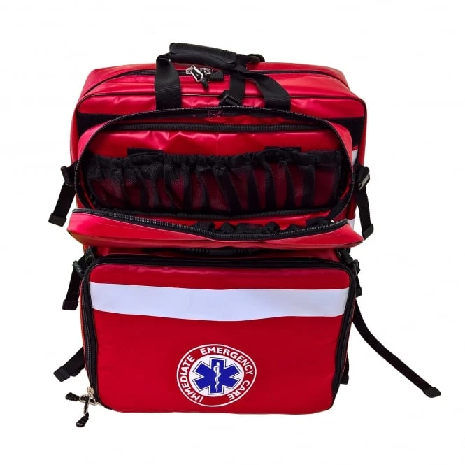 Close-up of the front of DS Medical emergency care bag showing open pocket, zips and straps