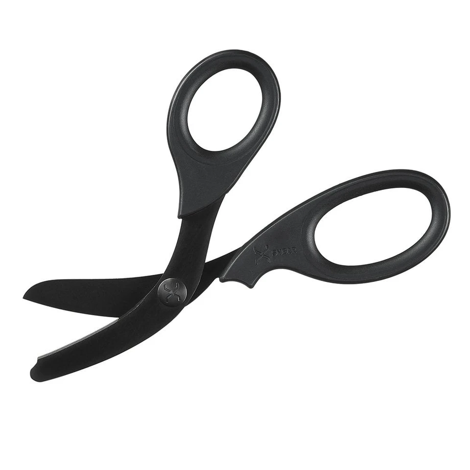 Professional-grade black trauma shears with thick stainless steel blades