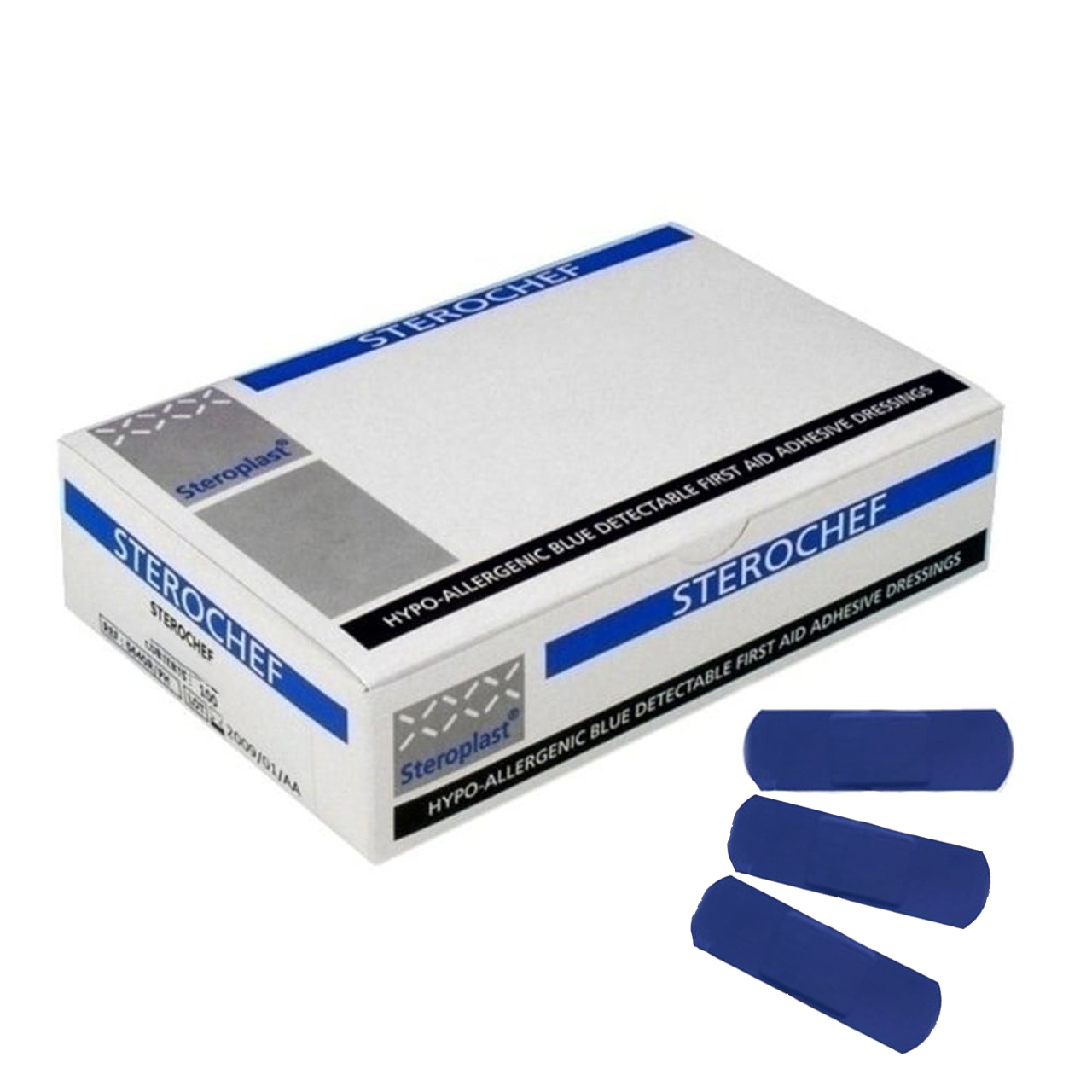 Sterochef 7.5cm x 2.5cm Blue Detectable Plasters (Box 100)