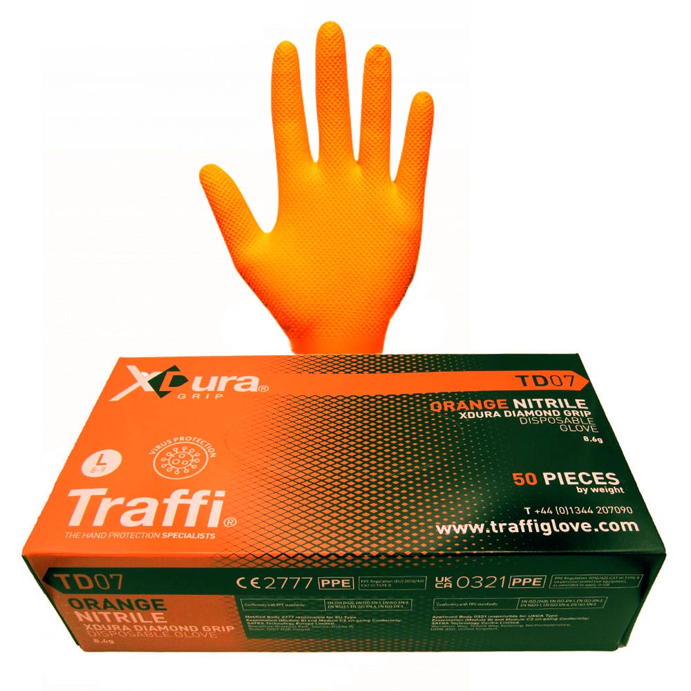 Traffi TD07 Orange Xdura Grip Textured Nitrile Disposable Gloves