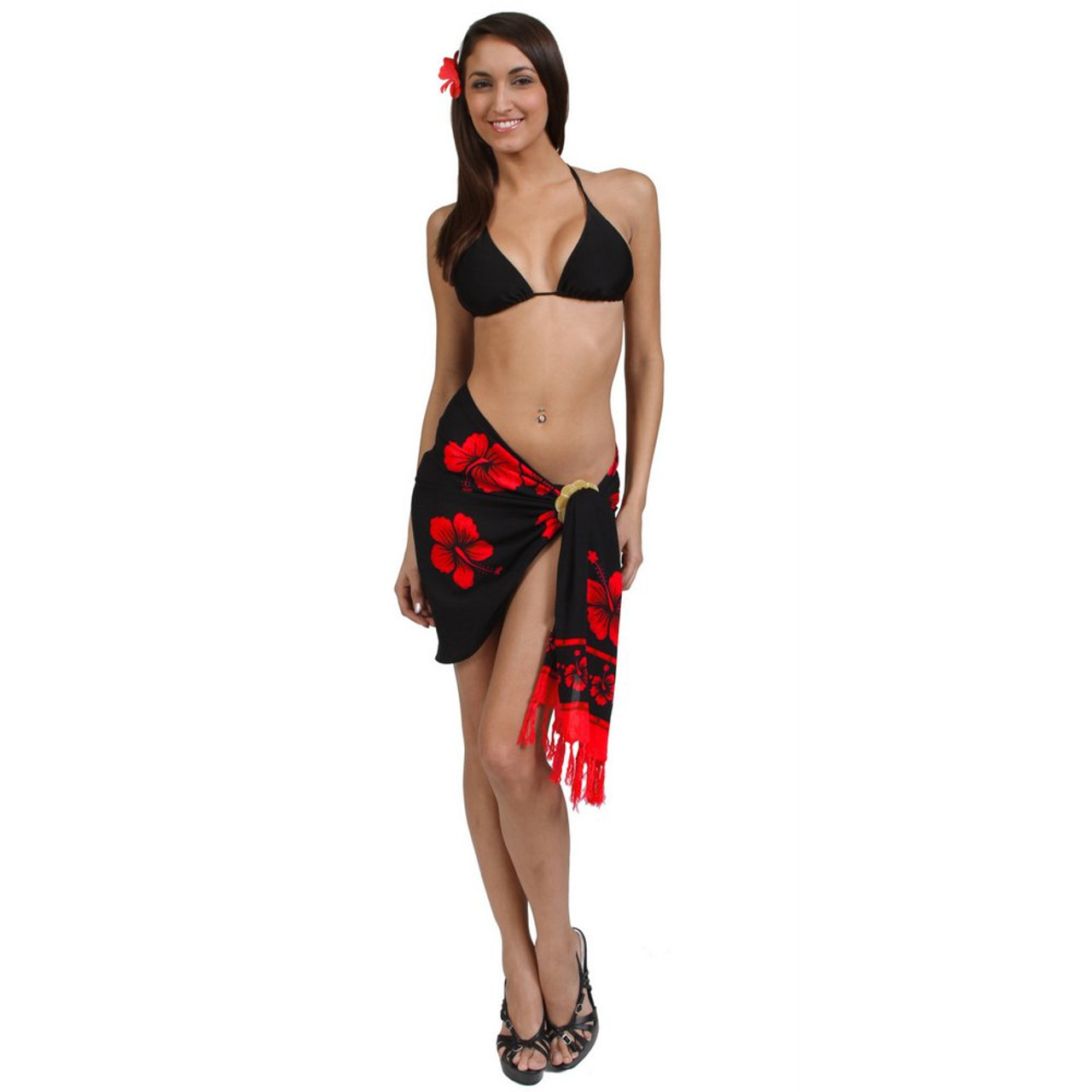 Hawaiian - Bra Friendly - Short Sarong Sundress - Orchid Fern - Black