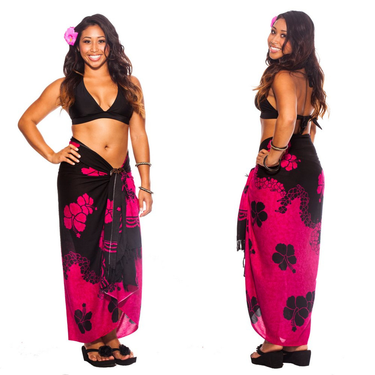 Hibiscus Top Quality Sarong in Lime Green / Black PLUS Size - Fringeless  Sarong