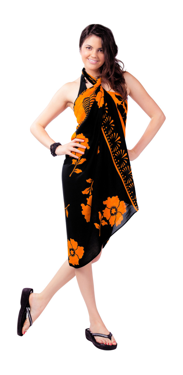 Black Hawaiian Sarong - Orange Hibiscus Flowers - Holley Day