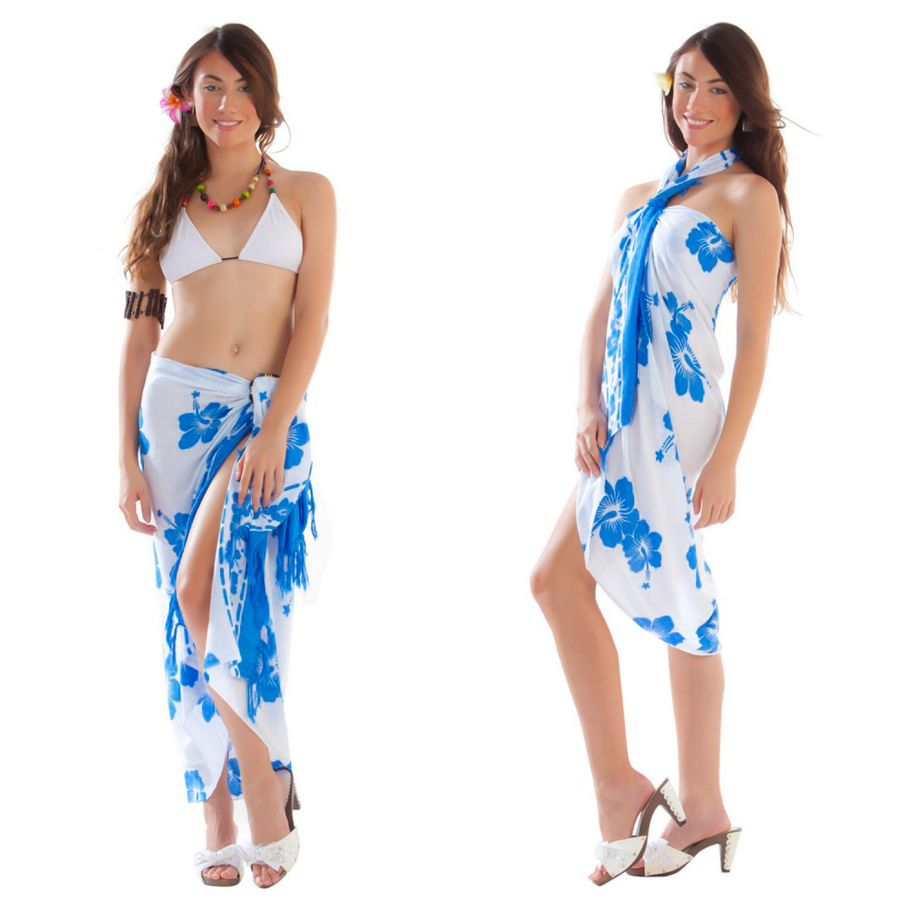 Large beach sarong with blue hisbiscus flowers and tassels - Horizons  Lointains