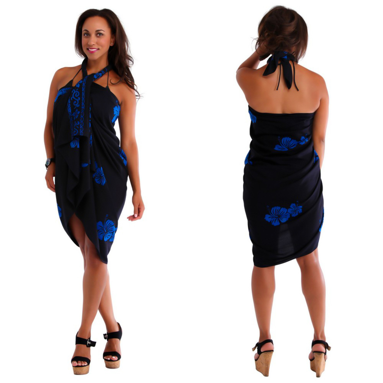 Hibiscus PLUS SIZE Sarong in Blue On Black - Fringeless Sarong