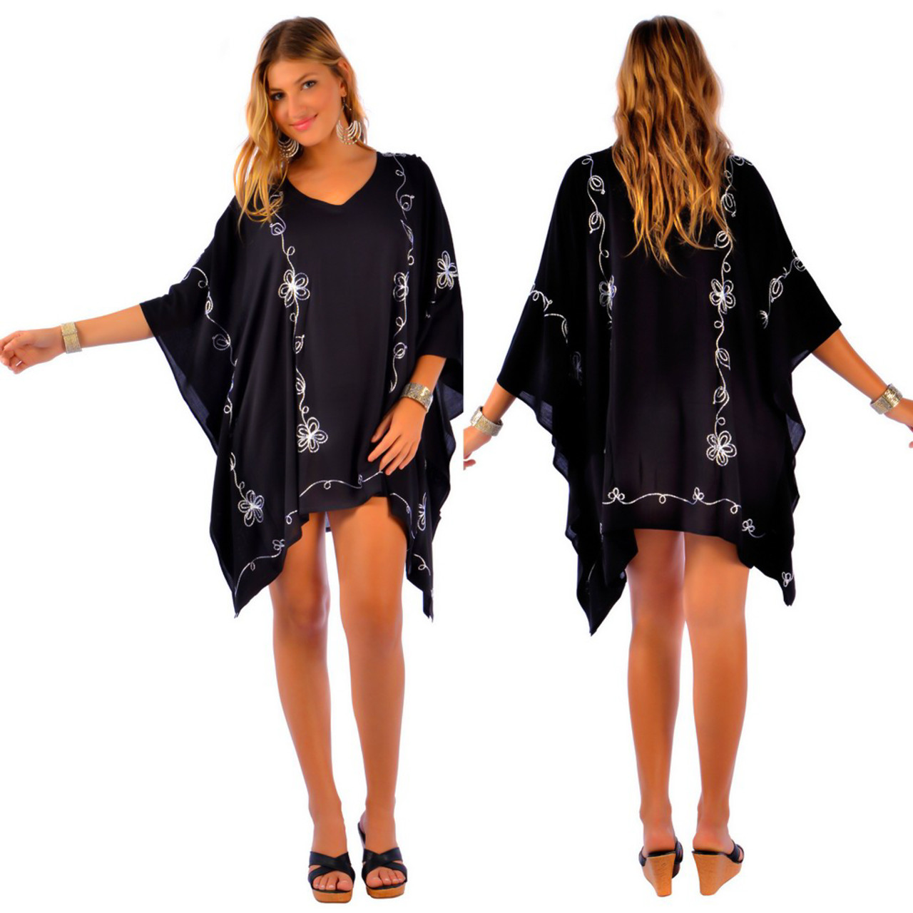Embroidered Poncho Cover-Up in Black and White