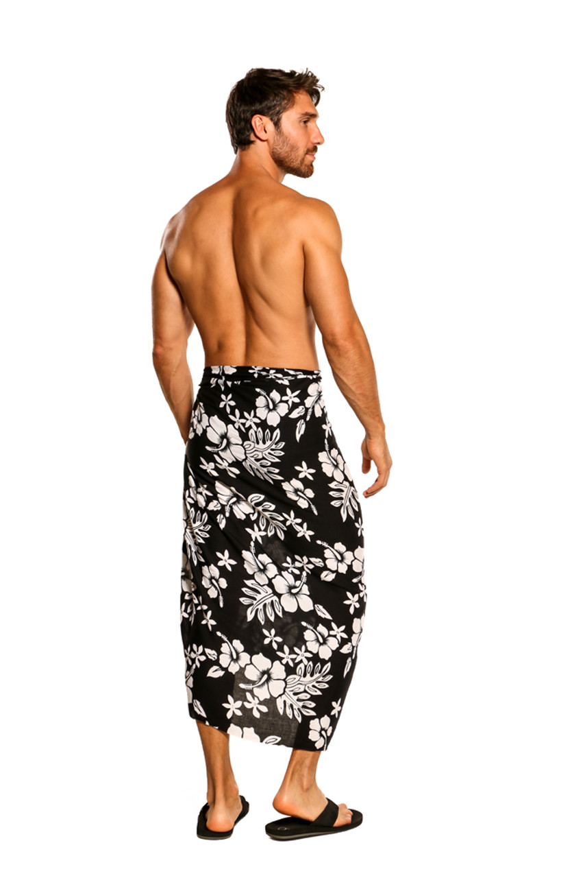 Mens Beach Wrap Hibiscus Flower/Floral Cover-Up Sarong in Black/White