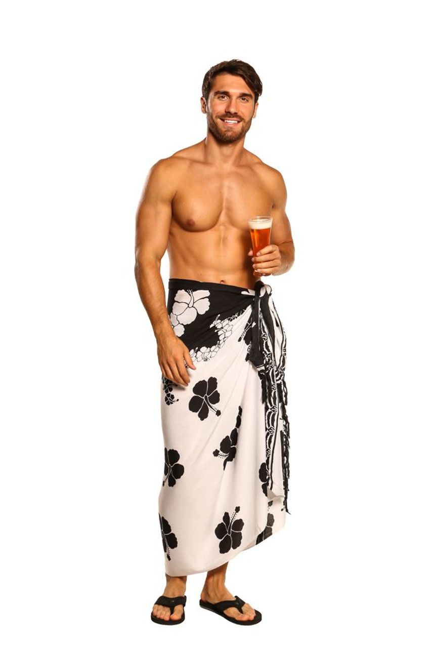 Mens Beach Wrap Hibiscus Flower/Floral Cover-Up Sarong in Black/White