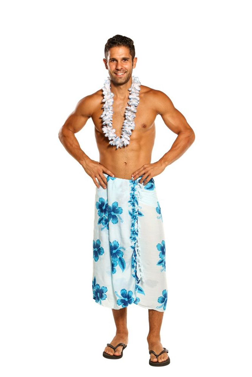 vertegenwoordiger barrière Permanent Mens Sarong Beach Wrap Hibiscus Flower Cover-Up Sarong in White/ Turquoise  Blue