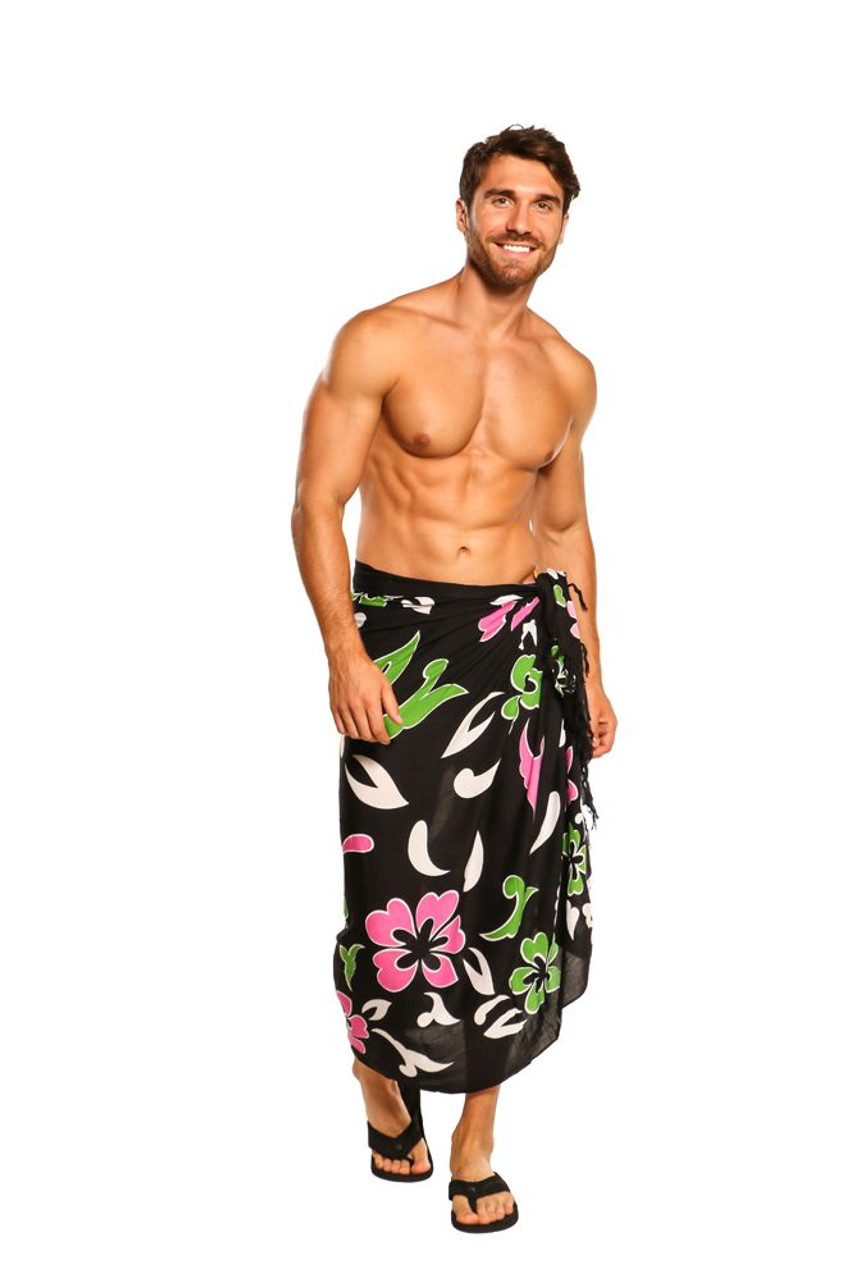 Sarong for Men Hawaiian Beach Wrap Sarong in Black, Pink/Green