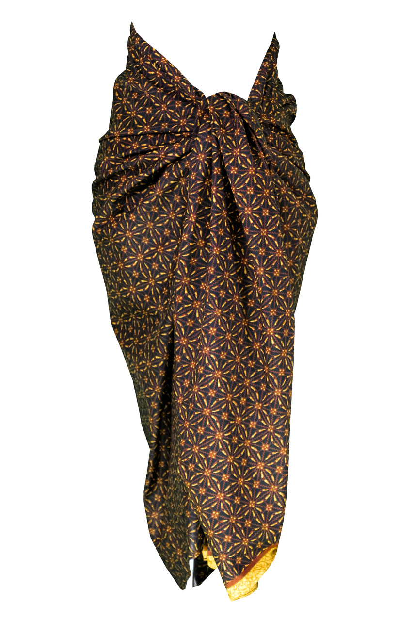 Mens Plus Size Abstract Floral Sarong Fringeless Gold and Black