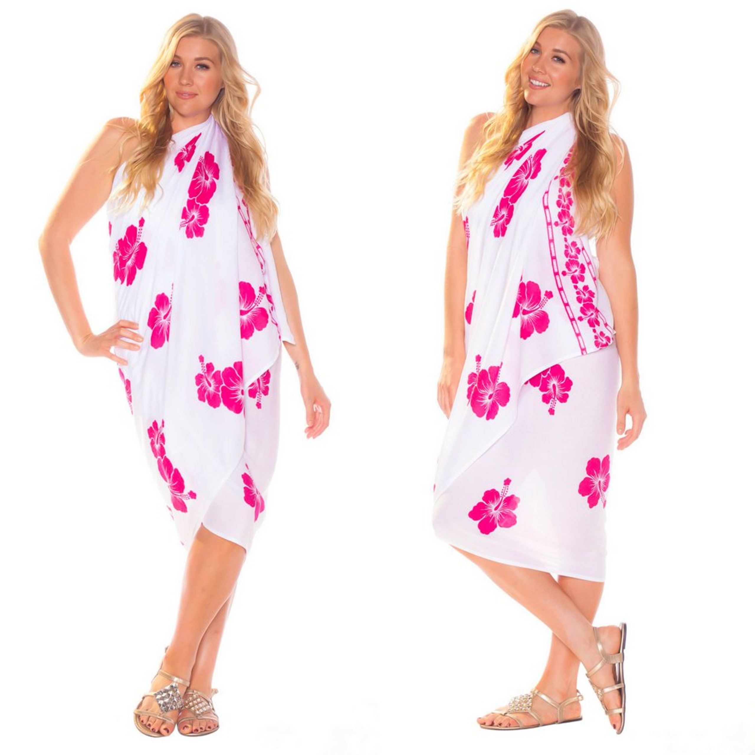 Polynesian Floral PLUS SIZE Sarong in White/Fuchsia - Fringeless Sarong