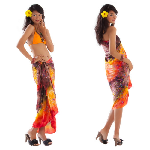 Embroidered Tie Dye Sarong in Orange/Brown Embroidered Tie Dye Sarong in Orange/Brown