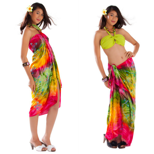 Embroidered Tie Dye Sarong in Fuchsia/Green
