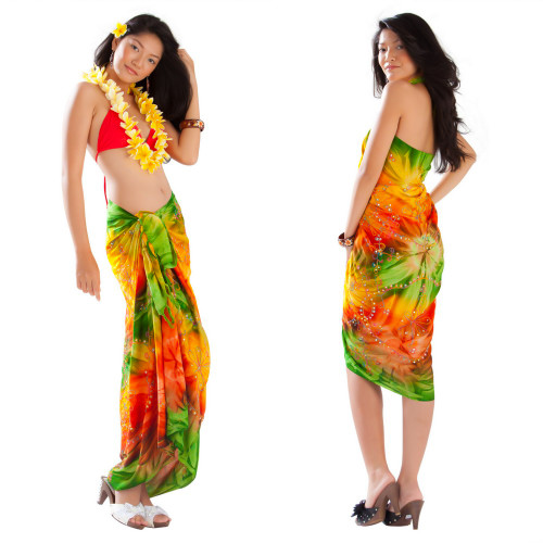 Embroidered Tie Dye Sarong in Orange/Green