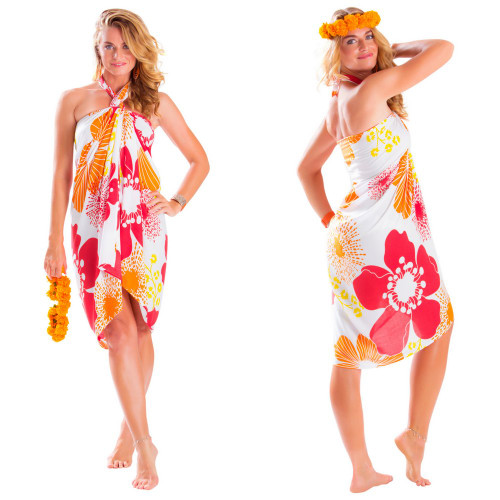 Floral Sarong "Sunset Joy" Orange and Peach - Fringeless Sarong