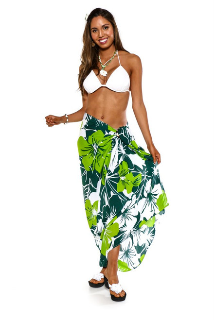 Floral Sarong "Amazonia" Jungle Green and White - Fringeless Sarong