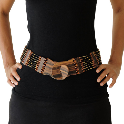 Eight Row Bronze Black Bead-Wood Belt