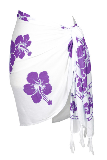 Polynesian Floral Half Sarong in White/Violet