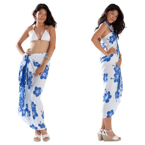 Polynesian Floral Sarong in White/Royal Blue