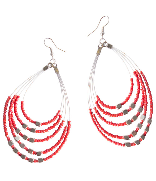 Beaded Hoop Earrings "Oval Drops" Cherry Red