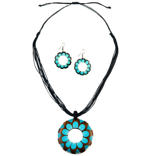 Round Wooden Necklace and Earring Set in Blue Sun Flower Design