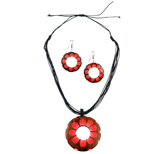 Round Wooden Necklace and Earring Set in Pink Sun Flower Design