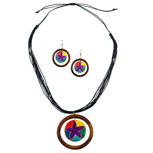 Round Wooden Necklace and Earring Set in Dangling Star Design - Final Sale - No Returns