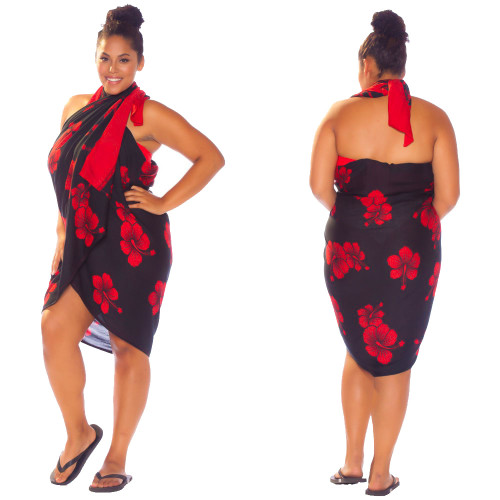 Hibiscus PLUS SIZE Sarong in Red / Black - Fringeless Sarong