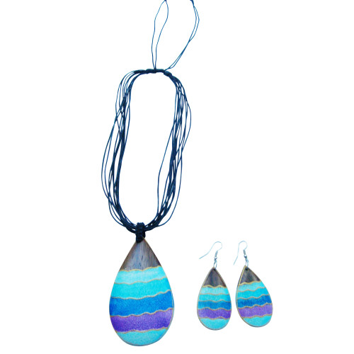 Teardrop Wooden Necklace and Earring Set in Blue Line Design