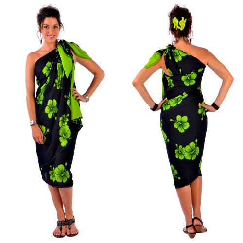 Hibiscus PLUS SIZE Sarong in Lime Green / Black - Fringeless Sarong