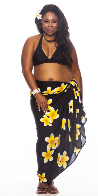 Plumeria PLUS SIZE Sarong in Black / Yellow-NO RETURNS - Fringeless Sarong