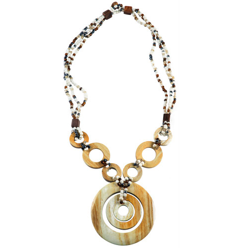 Triple Bead String Necklace with Triple Round Wooden Pendant in White